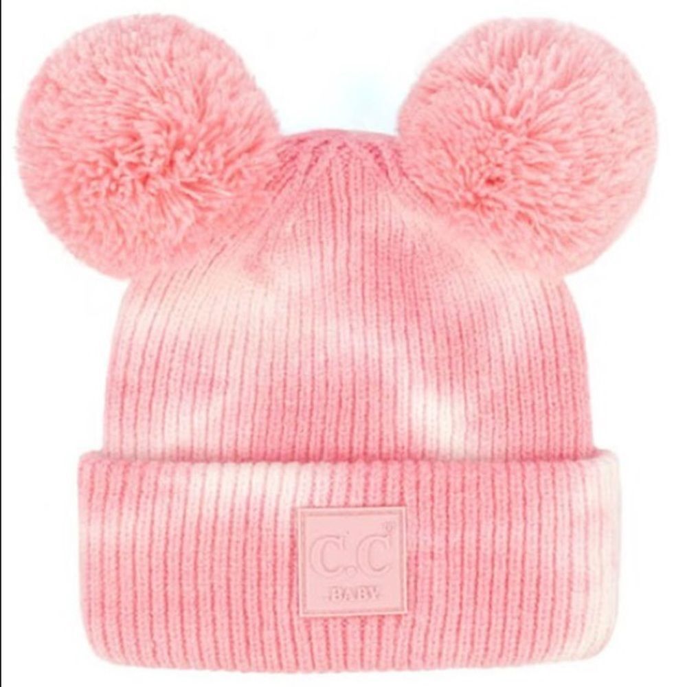 Coral/White Tie Dye “Melon Ball” Baby CC Double Pom Beanie